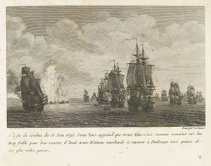 Treffen tussen een vloot onder Jan Bart y een Hollandse vloot, 1696 Al final de la lucha del 18 de junio de 1696, Jean-Bart se entera de que hay trece barcos enemigos (...) y regresa a Dunkerque con quince de sus más ricas presas (título sobre objeto) cole de Yves Marie Le Gouaz