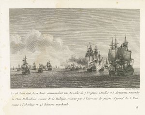 Treffen tussen een vloot onder Jan Bart y een Hollandse vloot, 1696 El 18 de junio de 1696, Jean-Bart al mando de un escuadrón de 7 fragatas (...) se encuentra con la flota holandesa procedente del Báltico (título sobre objeto) Recopilación de las peleas d