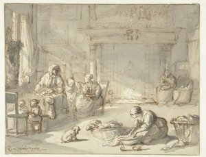 Interior de una casa con mujeres y niños