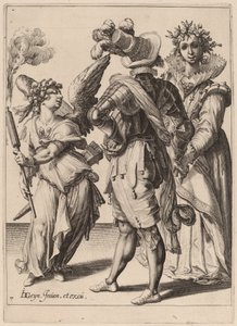 Cupido con los ojos vendados sosteniendo una antorcha frente a una pareja de Zacharias Dolendo after Jacques de Gheyn II