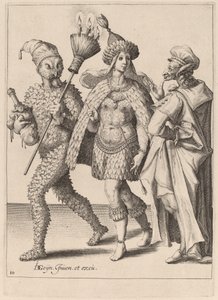 Un Viejo Bufón Dirigiéndose a una Pareja Vestida con Plumas de Zacharias Dolendo after Jacques de Gheyn II