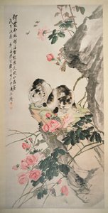 Gatos en una roca con rosas de Zhang Cheng