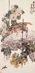 Gato, pájaro y crisantemos de Zhen Wang