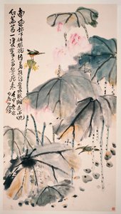 Loto y pájaros verdes de Zhen Wang