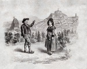 Auvergnats bailando el relleno en Puy en Velay, Francia. circa 1900 (grabado) de . .