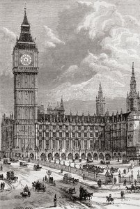 Big Ben y las Casas del Parlamento, Londres, Inglaterra, visto aquí en el siglo XIX. de . .