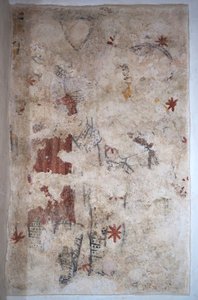 Borgoña, Lancharre, comuna de Chapaize 71460. En la iglesia de Notre Dame, pintura mural. Dos caballeros con cota de malla (fresco)