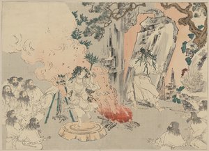 La condesa Kami baila para atraer a la diosa del sol Amaterasu fuera de su cueva, c.1890 de . .