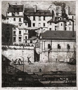 Escena del crimen con intervención policial en los muelles de París. circa 1860 (grabado) de . .