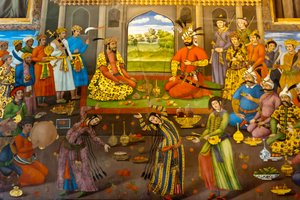 Fresco; banquete con bailarinas; Shah Tahmasp recibe al emperador mogol indio Homayun; 1544; Chehel Sotoun; Palacio de las Cuarenta Columnas; Isfahan; Irán; Asia