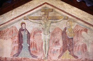 Fresco con Crucifixión en el tímpano de la Iglesia de San Antonio, Romeno, Trentino-Alto Adige, Italia de William Walcutt