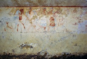 Procesión funeraria con bailarines y músicos