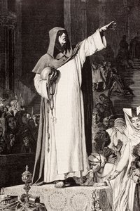 Girolamo Savonarola (1452-1498), fraile dominico italiano que predicaba contra la inmoralidad y el lujo que tentaban al pecado, después de una obra de De Langemantels, de 
