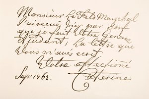 Muestra de escritura a mano de la Emperatriz Catalina II de Rusia, conocida como Catalina la Grande