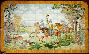 Vista interior, panel de azulejos, pintor Furcy Ernest Tondeur, ejecutor Boch Frères La Louvière, primer panel, escena de caza con tres jinetes de . .