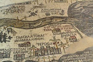 Jericó y sus alrededores, incluyendo el río Jordán y el Mar Muerto, detalle del mapa de Tierra Santa, mosaico del suelo, ca. 560 d.C., ábside de la Basílica de San Jorge, Madaba, Jordania, civilización bizantina, siglo VI d.C. de School Lebanese