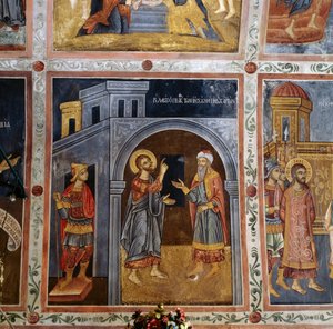Jesús hablando con Poncio Pilato, bóveda con frescos de escenas de la vida de Jesús, monasterio Mikro Sotiris, isla de Symi, Grecia