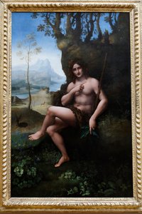 Museo del Louvre, París, Francia. Taller de Leonardo da Vinci, atribuido a Francesco Melzi, San Juan Bautista, óleo sobre panel transferido a lienzo, c. 1510-1520. de . .