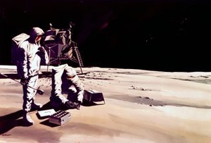 Vuelo espacial tripulado, EE.UU., Apollo, General Impresión artística de astronautas trabajando en la Luna de Ferdinand Georg Waldmuller