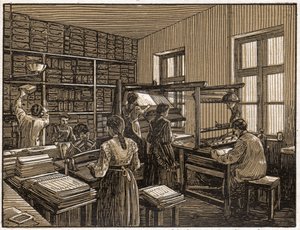 Casa de impresión en Budapest, Hungría: faconado y preparación de libros. Trabajo de mujeres. ca. 1910 (Ilustración) de . .