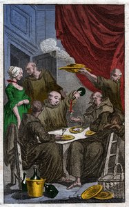 La fiesta de los monjes violando las reglas monásticas. Beben vino, cortejan a las doncellas. Siglo XVIII (grabado) de . .