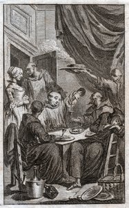La fiesta de los monjes violando las reglas monásticas. Beben vino, cortejan a las doncellas. Siglo XVIII (grabado) de . .