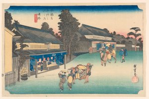 Narumi, un lugar famoso por su tela, en Las Cincuenta y Tres Estaciones del Camino Tokaido de Hiroshige