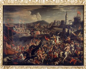 Ataque de los sarracenos en la isla de Malta, defendida por los Caballeros Hospitalarios en 1565 de Italian School