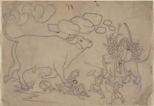 Durga confronta al demonio búfalo Mahisha: Escena del Devi Mahatmya, ca. 1780