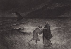Jesús y San Pedro en el mar de after Albert Robida