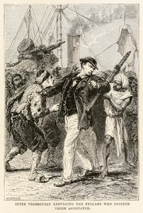 Después de rechazar vigorosamente a los fellahs que ofrecieron su ayuda, de La vuelta al mundo en ochenta días de Julio Verne de after Alphonse Marie de Neuville