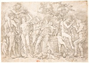 Bacanal junto al barril de vino de after Andrea Mantegna