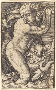 Copia invertida de "Dios del mar a la izquierda montando un delfín" de after Barthel Beham
