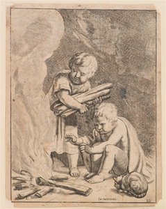 Dos niños haciendo fuego de after Cornelis Holsteyn