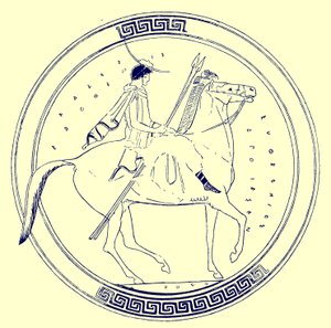 Niño en caballo, ilustración de Pinturas de Vasos Griegos por J. E. Harrison y D. S. MacColl, publicada en 1894 (imagen digitalmente mejorada) de after English School