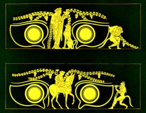 Dionisos, Hefesto y sátiros, ilustración de Pinturas de Vasos Griegos por J. E. Harrison y D. S. MacColl, publicada en 1894 (imagen digitalmente mejorada) de after English School