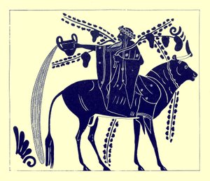 Dionisos montando un toro, ilustración de Pinturas de Vasos Griegos por J. E. Harrison y D. S. MacColl, publicada en 1894 (imagen digitalmente mejorada) de after English School