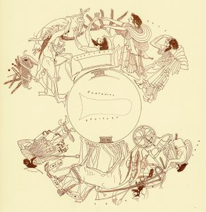 Heracles y Euristeo, ilustración de Pinturas de Vasos Griegos por J. E. Harrison y D. S. MacColl, publicada en 1894 (imagen digitalmente mejorada) de after English School