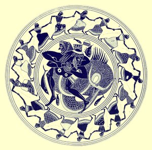 Heracles luchando con Tritón, ilustración de Pinturas de Vasos Griegos por J. E. Harrison y D. S. MacColl, publicada en 1894 (imagen digitalmente mejorada) de after English School