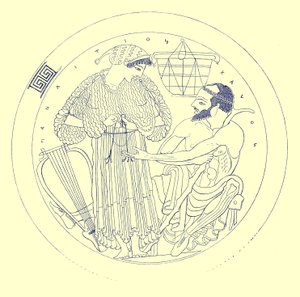Interior de Cílice por Eufronio, ilustración de Pinturas de Vasos Griegos por J. E. Harrison y D. S. MacColl, publicada en 1894 (imagen digitalmente mejorada) de after English School