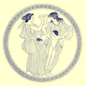 Procne, Filomela e Itis, ilustración de Pinturas de Vasos Griegos por J. E. Harrison y D. S. MacColl, publicada en 1894 (imagen digitalmente mejorada) de after English School