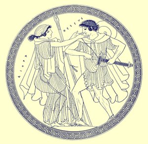 Teseo y Etra, ilustración de Pinturas de Vasos Griegos por J. E. Harrison y D. S. MacColl, publicada en 1894 (imagen digitalmente mejorada) de after English School