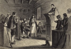 Culto público en Plymouth por los peregrinos de after Felix Octavius Carr Darley