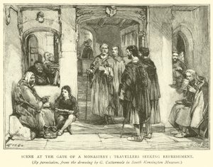 Escena en la puerta de un monasterio, viajeros buscando refresco de after George Cattermole