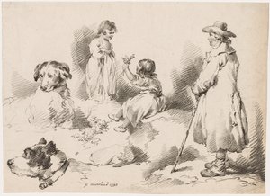 Estudios de niños (dos niñas pequeñas); dos perros; un hombre de after George Morland