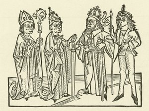 El Emperador del Sacro Imperio Romano y el Papa, acompañados por un caballero y un obispo, sosteniendo espadas, simbolizando el poder judicial en sus tierras de after German School