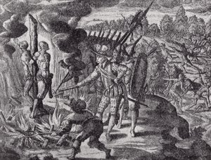 La venganza de los españoles por la muerte de Ayolas, de Historia Antipodum de Gottfried, pub. en 1655, de El Romance del Río de la Plata, Vol. I, por W. H. Koebel, 1914
