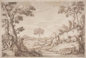 Un viaje pastoral con un niño tocando su flauta junto a un árbol de after Giovanni Benedetto Castiglione Gaetano Zompini