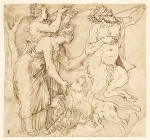 Un sátiro, dos mujeres, un león y una cabra de after Giulio Romano
