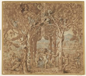 Putti cosechando vino y jugando con una cabra